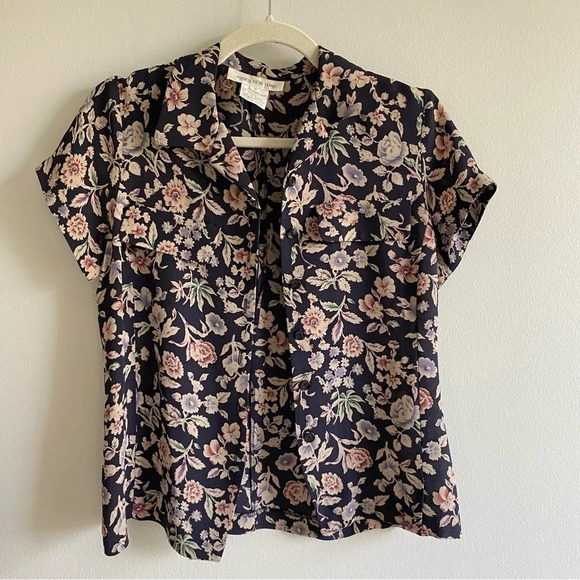 100% Silk JONES New York Vintage Button Down Blouse Dark Blue and Tan  Size 4 - Picture 1 of 10